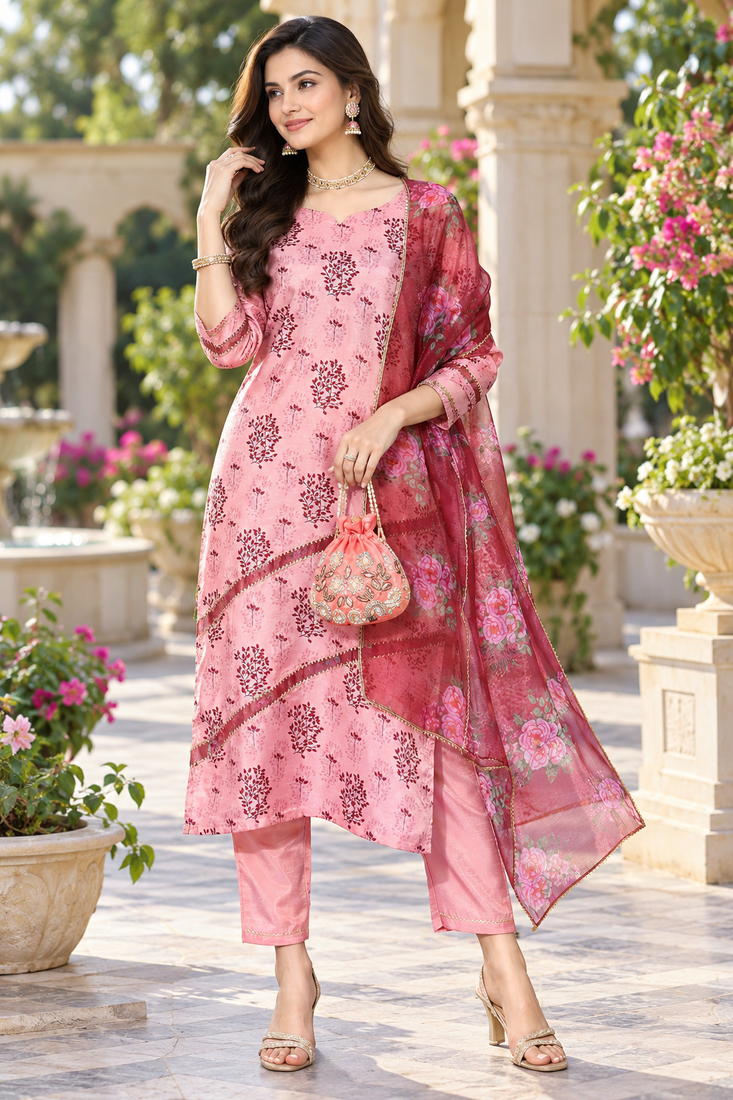 Women's silk chiffon printed kurta set with dupatta