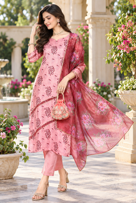 Women's silk chiffon printed kurta set with dupatta 2
