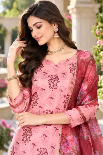 Women's silk chiffon printed kurta set with dupatta