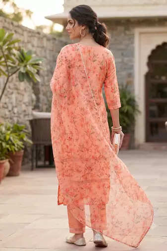 Women's silk chiffon embroidered kurta set with digital dupatta