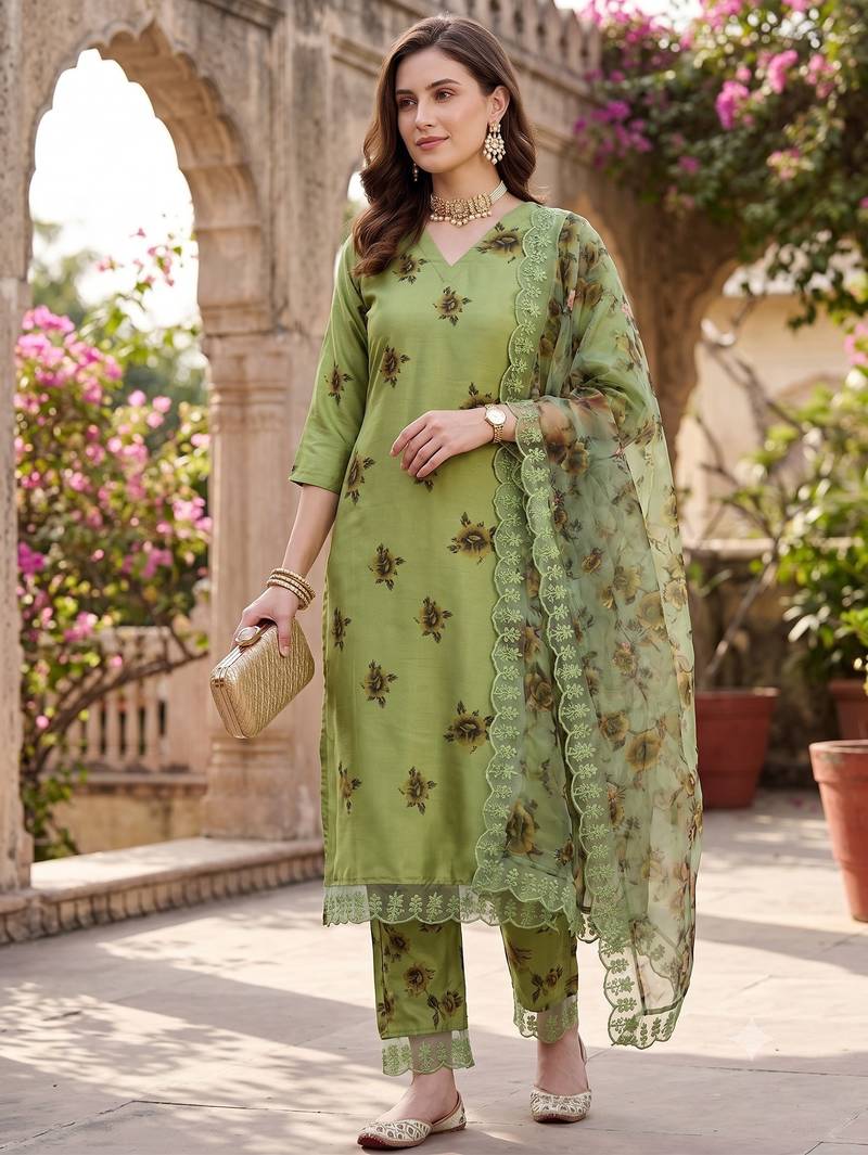 Women's silk chiffon embroidered kurta set with digital dupatta