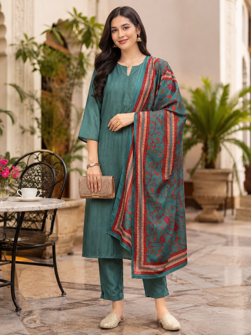 Women's straight side slit  kurta pant set with digital dupatta