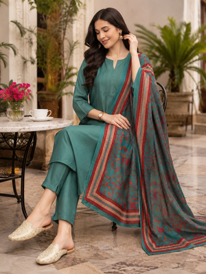 Women's straight side slit  kurta pant set with digital dupatta 3