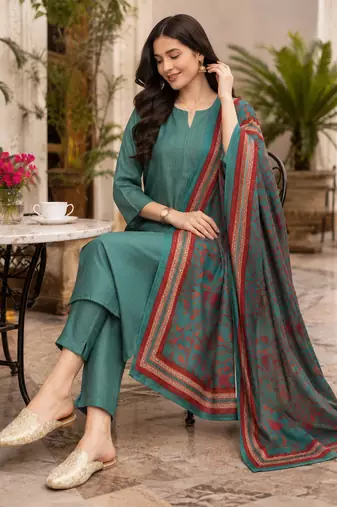 Women's straight side slit  kurta pant set with digital dupatta