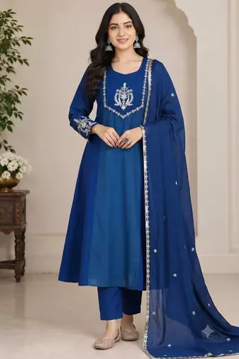 Teal&blue chanderi readymade anarkali suit with embroidery work