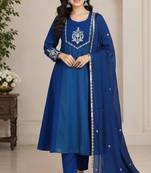 Teal&blue chanderi readymade anarkali suit with embroidery work