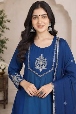 Teal&blue chanderi readymade anarkali suit with embroidery work 2