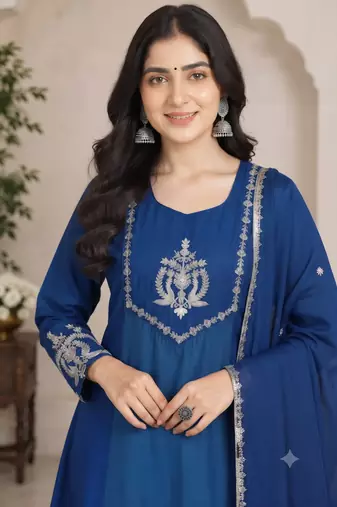 Teal&blue chanderi readymade anarkali suit with embroidery work