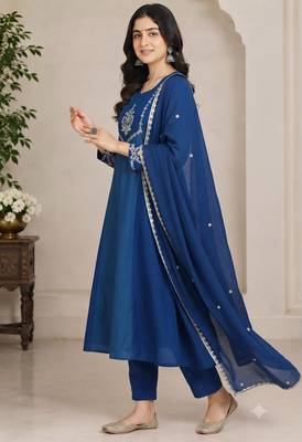 Teal&blue chanderi readymade anarkali suit with embroidery work 3