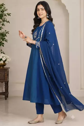 Teal&blue chanderi readymade anarkali suit with embroidery work