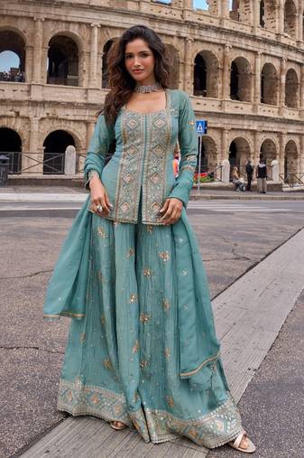 Blue vichitra silk readymade suit with embroidery & sequence work
