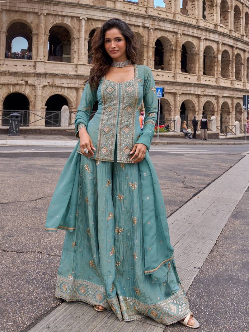 Blue vichitra silk readymade suit with embroidery & sequence work