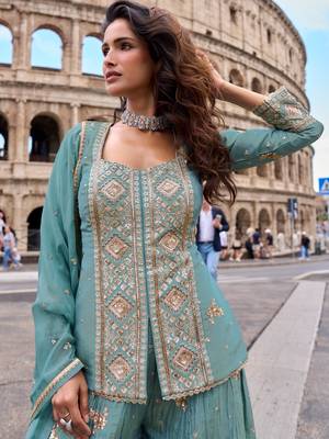 Blue vichitra silk readymade suit with embroidery & sequence work 2