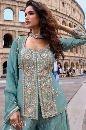 Blue vichitra silk readymade suit with embroidery & sequence work