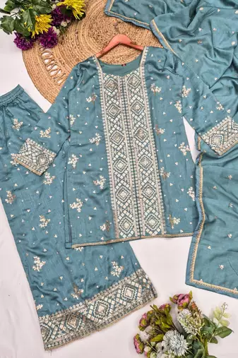 Blue vichitra silk readymade suit with embroidery & sequence work