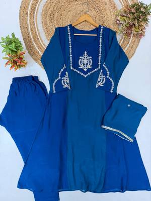 Teal&blue chanderi readymade anarkali suit with embroidery work 4