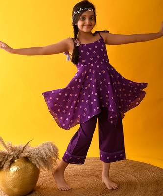 Purple bandhani silk & cotton palazzo set & kurta pyjama brother sister matching combo 2