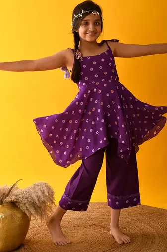Purple bandhani silk & cotton palazzo set & kurta pyjama brother sister matching combo