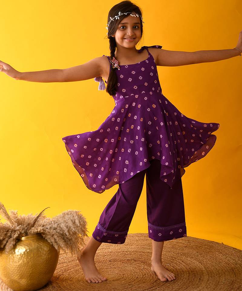 Purple bandhani silk & cotton palazzo set & kurta pyjama brother sister matching combo