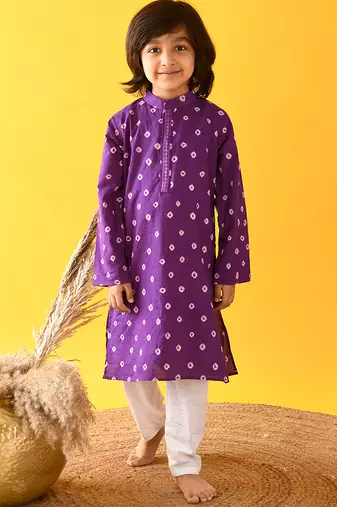 Purple bandhani silk & cotton palazzo set & kurta pyjama brother sister matching combo