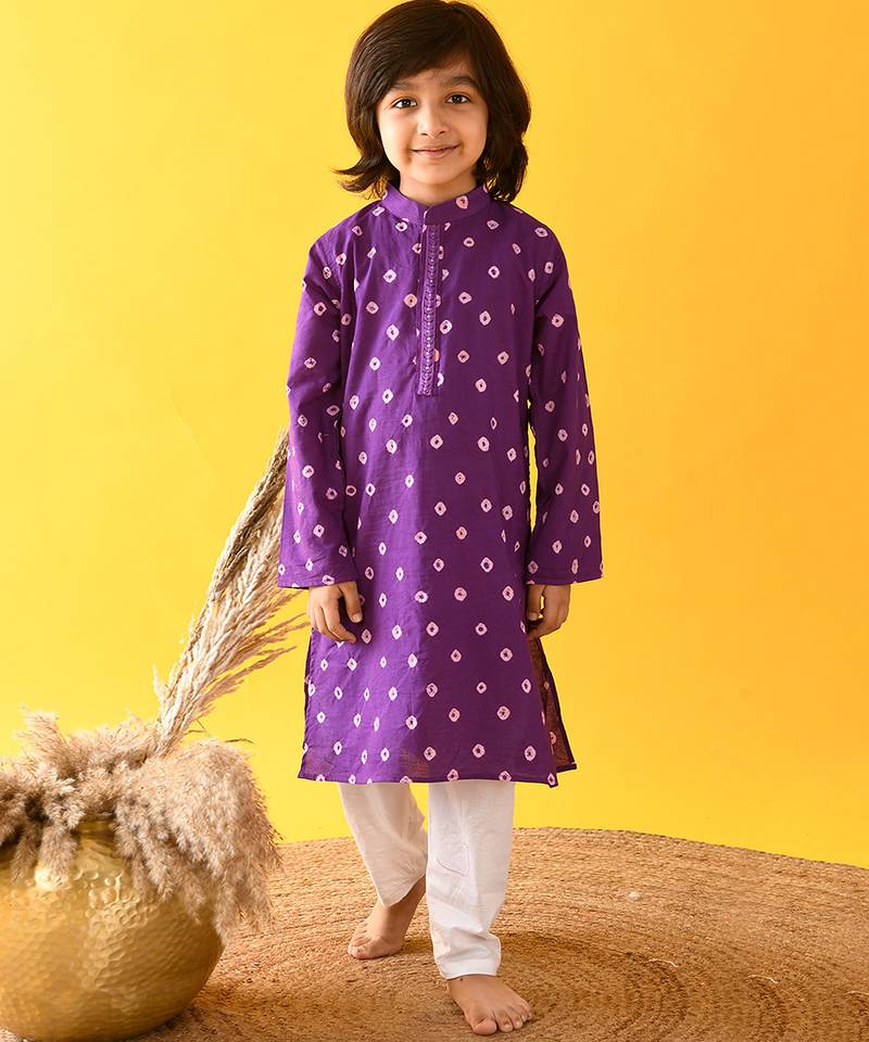 Purple bandhani silk & cotton palazzo set & kurta pyjama brother sister matching combo