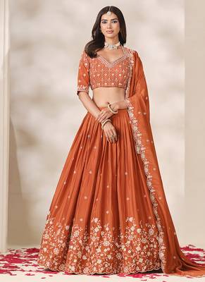 Rust Orange Chinon Silk Embroidered Lehenga Choli Set 1