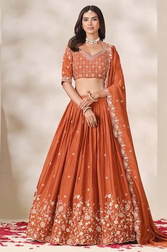 Rust Orange Chinon Silk Embroidered Lehenga Choli Set