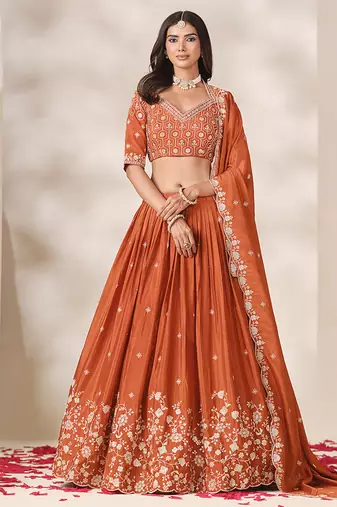 Rust Orange Chinon Silk Embroidered Lehenga Choli Set