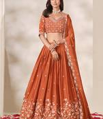 Rust Orange Chinon Silk Embroidered Lehenga Choli Set