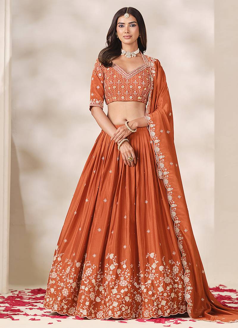 Rust Orange Chinon Silk Embroidered Lehenga Choli Set