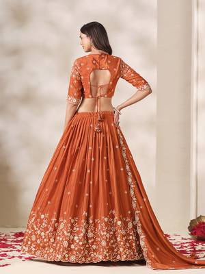 Rust Orange Chinon Silk Embroidered Lehenga Choli Set 2