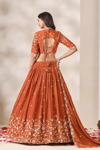Rust Orange Chinon Silk Embroidered Lehenga Choli Set