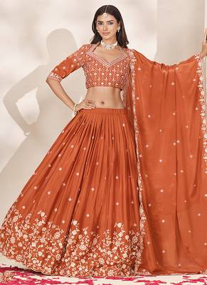 Rust Orange Chinon Silk Embroidered Lehenga Choli Set 3