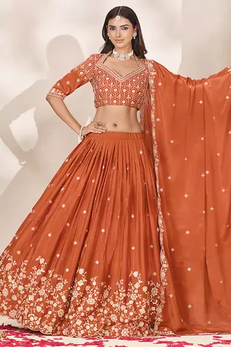 Rust Orange Chinon Silk Embroidered Lehenga Choli Set