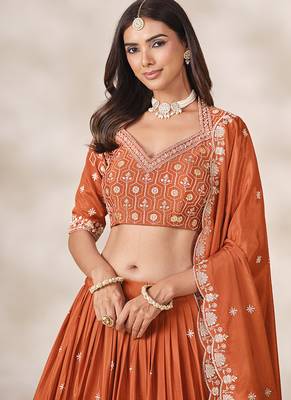 Rust Orange Chinon Silk Embroidered Lehenga Choli Set 4