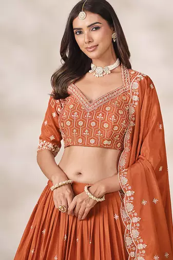 Rust Orange Chinon Silk Embroidered Lehenga Choli Set