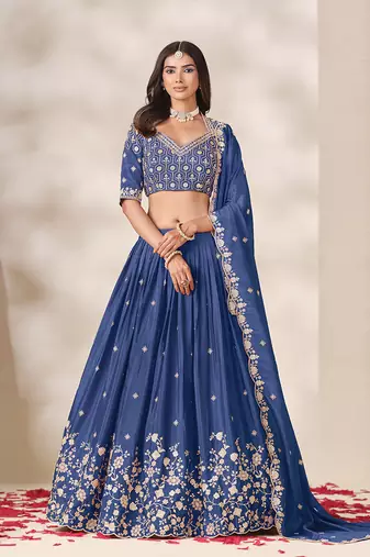 Navy Blue Chinon Silk Embroidered Lehenga Choli Set