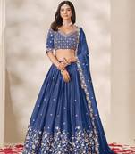 Navy Blue Chinon Silk Embroidered Lehenga Choli Set