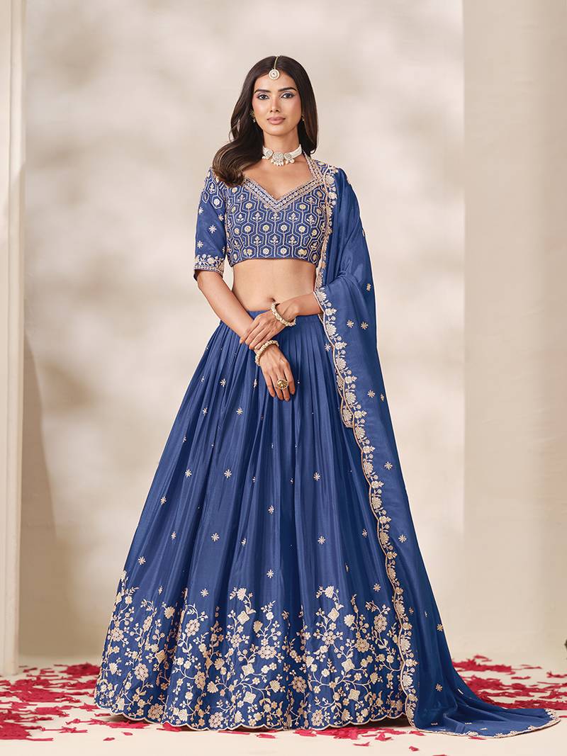 Navy Blue Chinon Silk Embroidered Lehenga Choli Set