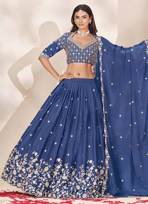 Navy Blue Chinon Silk Embroidered Lehenga Choli Set 2