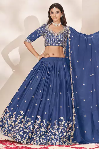 Navy Blue Chinon Silk Embroidered Lehenga Choli Set