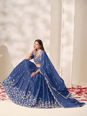 Navy Blue Chinon Silk Embroidered Lehenga Choli Set 3