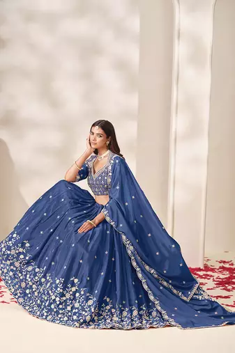 Navy Blue Chinon Silk Embroidered Lehenga Choli Set