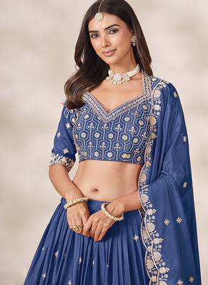 Navy Blue Chinon Silk Embroidered Lehenga Choli Set 4