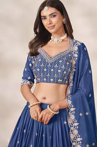 Navy Blue Chinon Silk Embroidered Lehenga Choli Set
