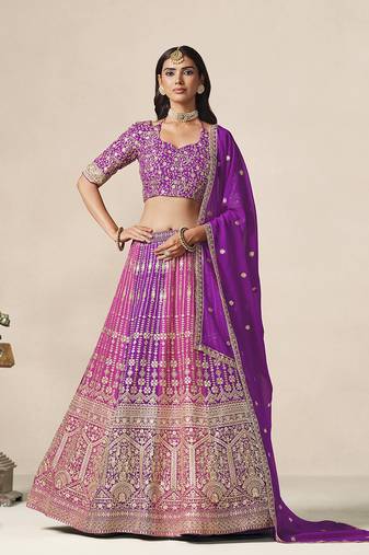 Purple & Rani Pink Faux Georgette Embroidered Lehenga Choli
