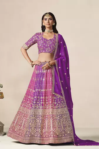 Purple & Rani Pink Faux Georgette Embroidered Lehenga Choli