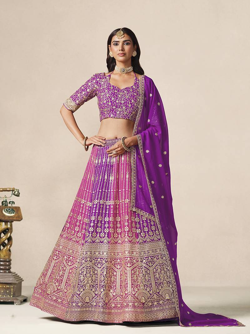 Purple & Rani Pink Faux Georgette Embroidered Lehenga Choli