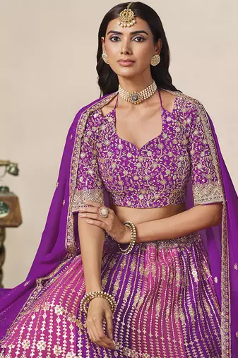Purple & Rani Pink Faux Georgette Embroidered Lehenga Choli
