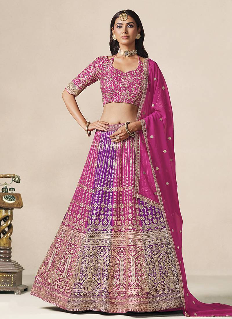 Rani Pink & Purple Faux Georgette Embroidered Lehenga Choli